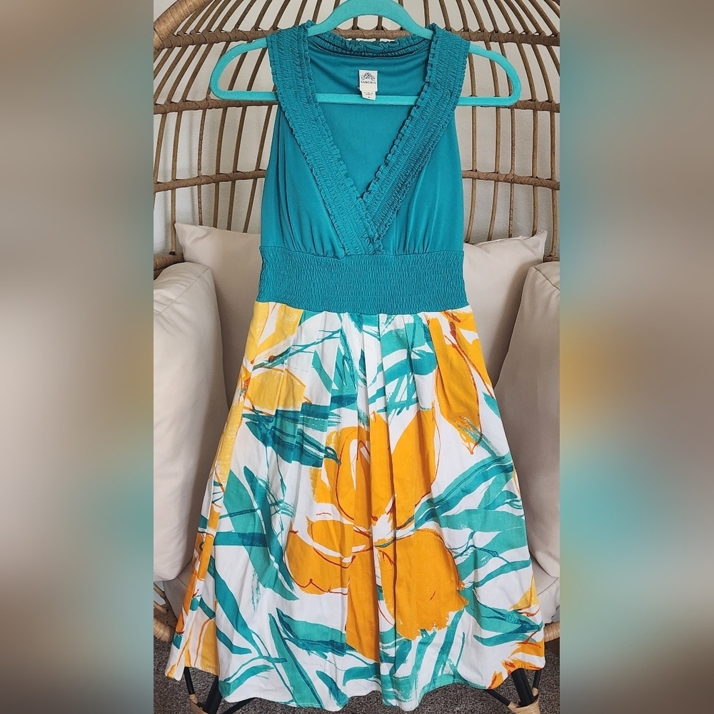 Sangria Dress Women's Teal Green Torso Lined Elastic Stretch Floral Skirt Size 8